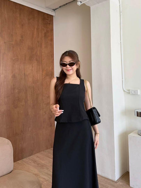 Classy Square Neck Sleeveless Tops With Skirts Sets